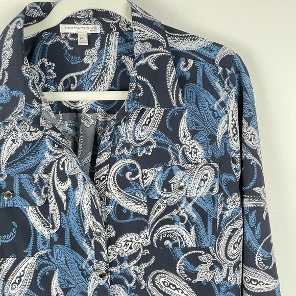 90s Vintage Notations Blue Paisley Button Up Long Sleeve Blouse Top Size PXL - Picture 2 of 8